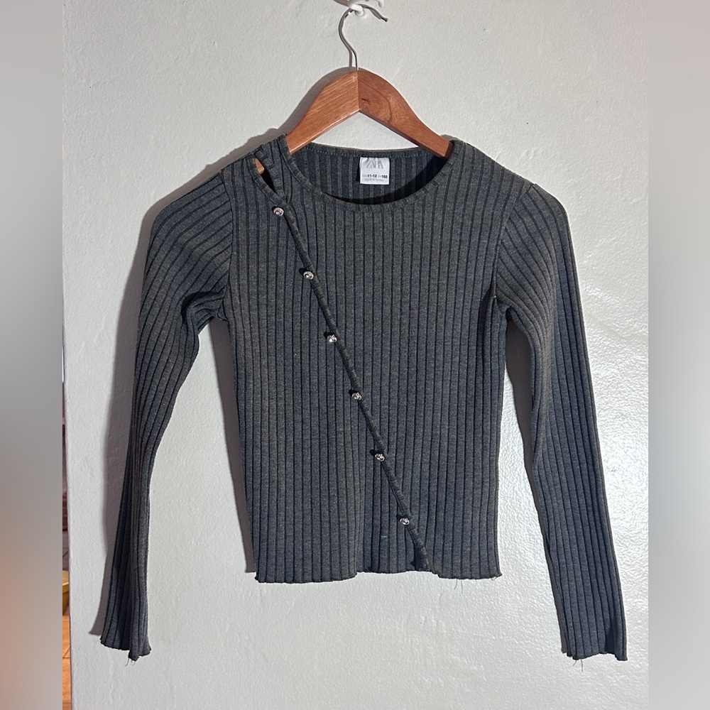 Zara Charcoal Ribbed Long Sleeve Rhinestone Buttons Made in Turkey 11-12 Fall